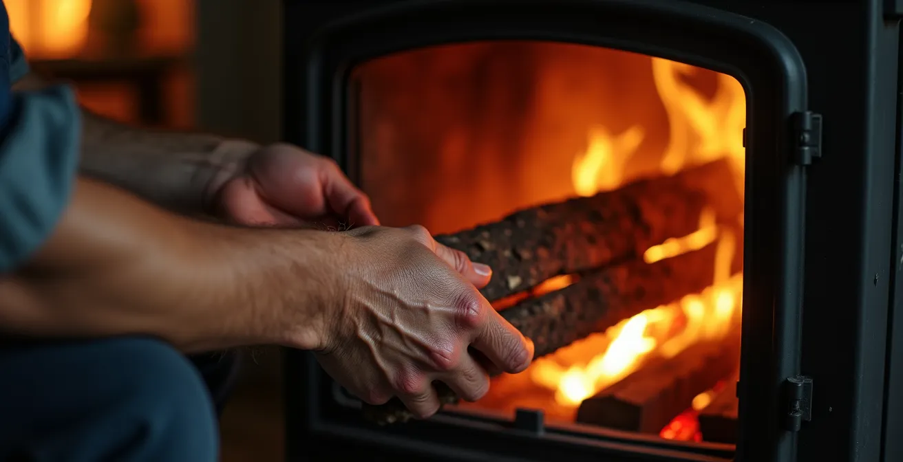 Gros plan sur la combustion du bois avec flammes dorées