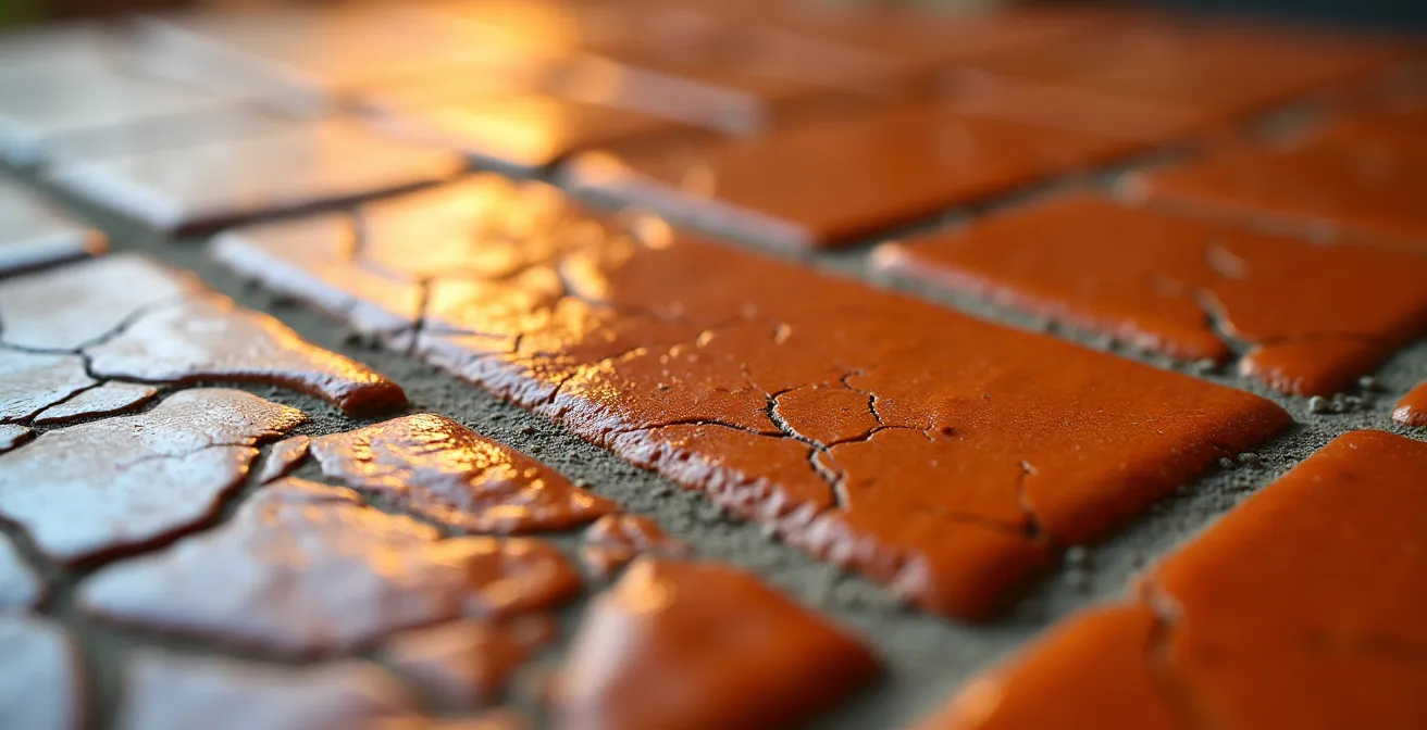 Texture détaillée de carreaux de céramique émaillée avec reflets lumineux