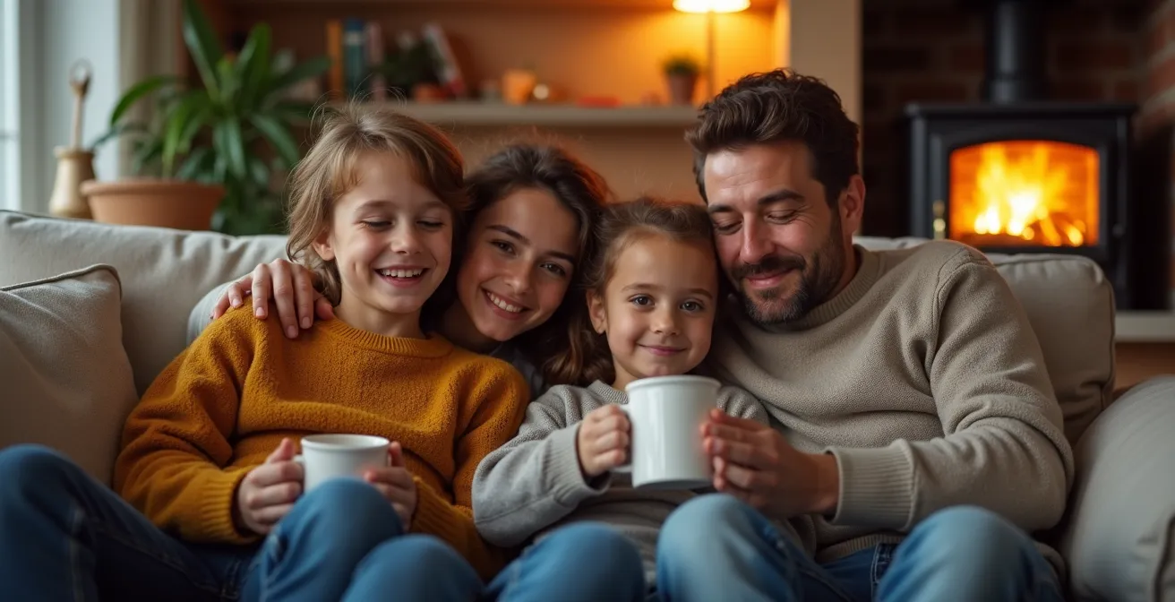 Salon avec poêle céramique diffusant une chaleur douce, famille réunie